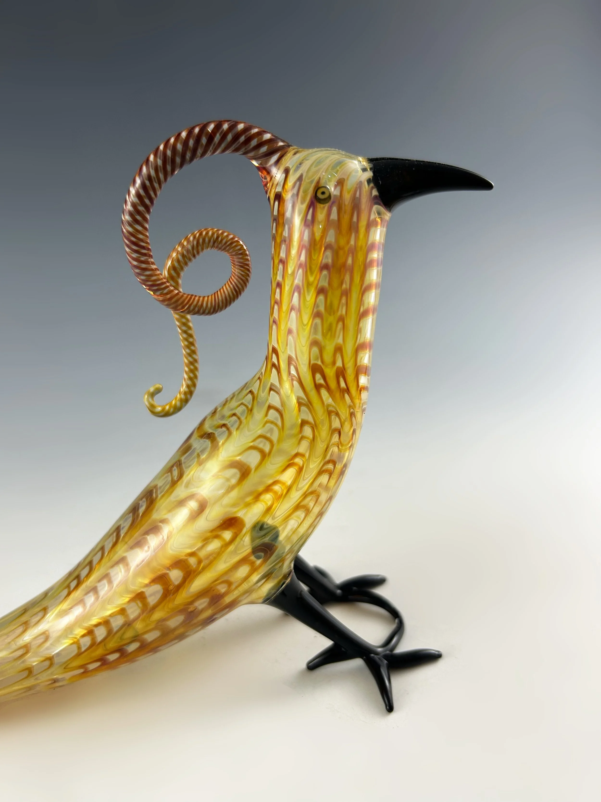 Glass Amber-Feathered Bird w Crown by Andrew Pollack — POLLACK